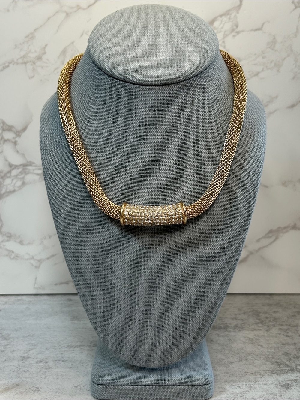Charter Club Gold-Tone Mesh Necklace with Crystal Pavé Barrel